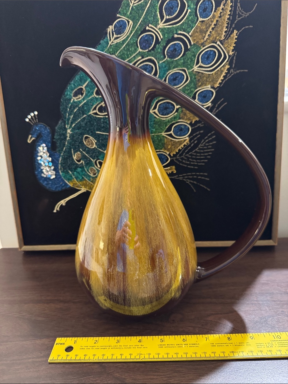 Vintage Large 12.5” Blue Mountain Pottery Ewer Pitcher | Harvest Gold Drip Glaze